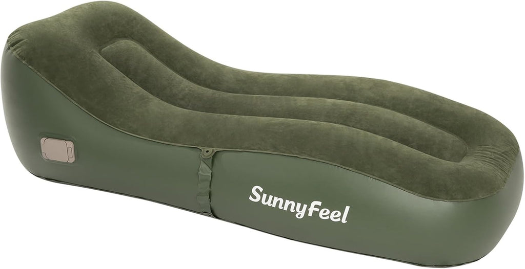 SUNNYFEEL Inflatable Lounger Couch with Built-in Pump, Heavy Duty PVC Flocked Inflatable Sofa Chair for Adults, Portable Air Lounger for Camping, Beach, Home & Outdoor, Army Green