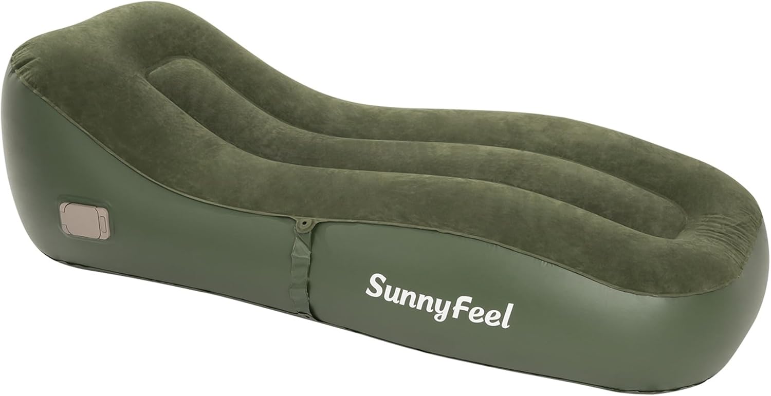 SUNNYFEEL Inflatable Lounger Couch with Built-in Pump, Heavy Duty PVC Flocked Inflatable Sofa Chair for Adults, Portable Air Lounger for Camping, Beach, Home & Outdoor, Army Green