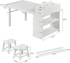 UNICOO Kids Art Table and Chair Set with Paper Roll Holder, Toddler Craft Table with Storage Shelves, Side Supply Tray, Removable Organizer Caddy and 2 Stools, Drawing Activity Desk for Ages 2-12