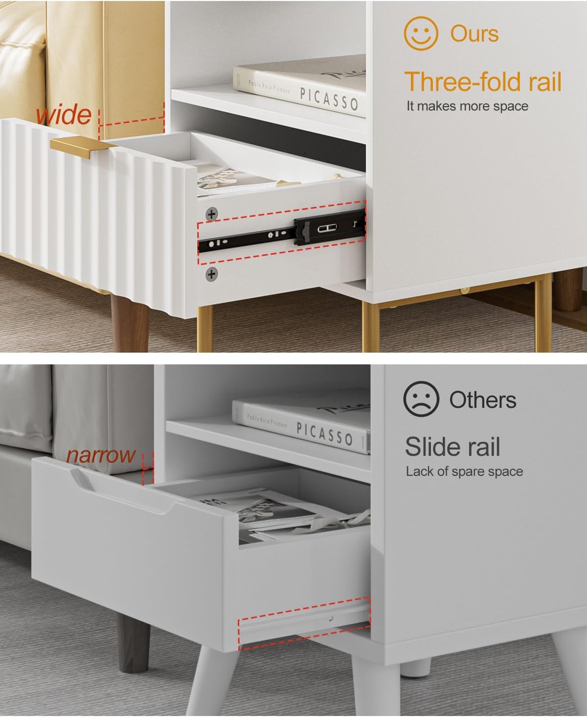 Night Stand,Modern Bedside Table with Drawer and Shelf,White Night Stand with Gold Frame,Small Side Table for Bedroom,Living Room