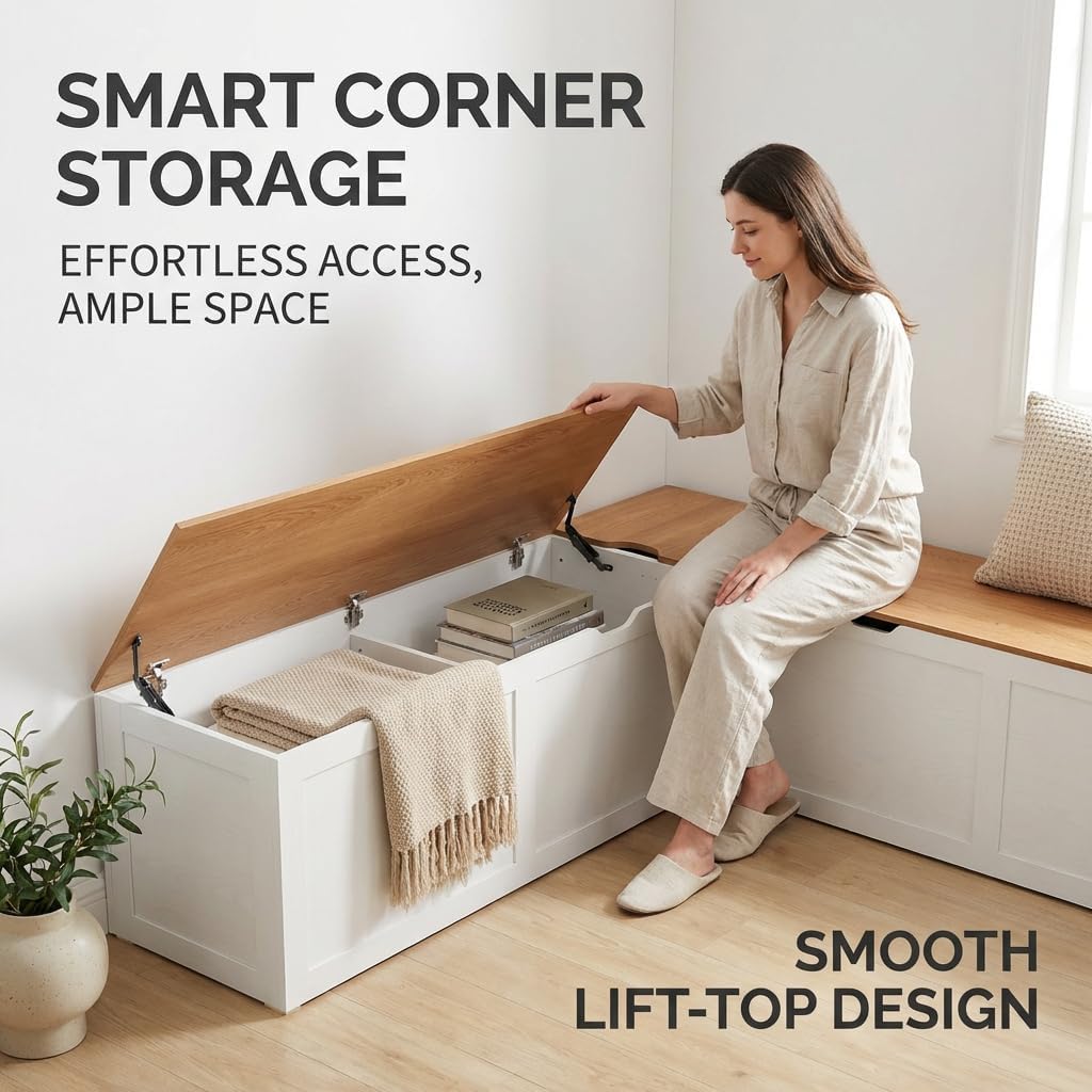 L Shape Kitchen Breakfast Nook Bench, Kitchen Corner Nook Bench Seating with Hidden Storage, Corner Dining Bench for Entryway. (White + Yellow)
