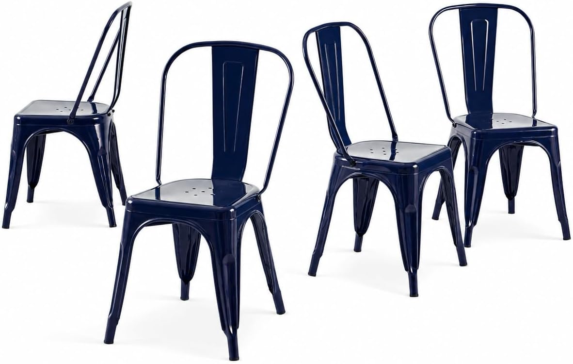 Stackable Metal Dining Chairs Set of 4, Sapphire Glow | Set of four sapphire blue steel chairs with 330 lb capacity for dining rooms, kitchens, cafes and covered patios.