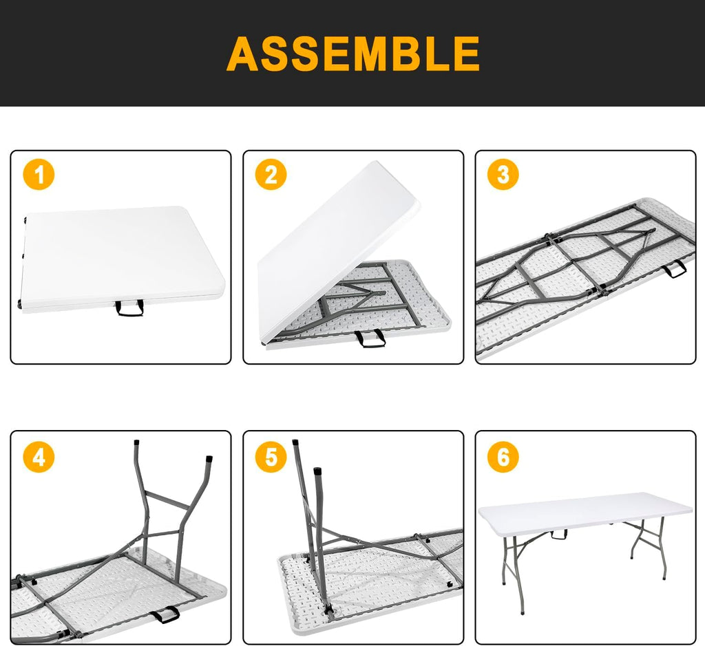 2 PCS 70.8" W X 29" D X 29" H - 6 ft White Folding Table White Portable Heavy Duty Plastic Fold-in-Half Utility Foldable Table for Camp，Picnic & Party