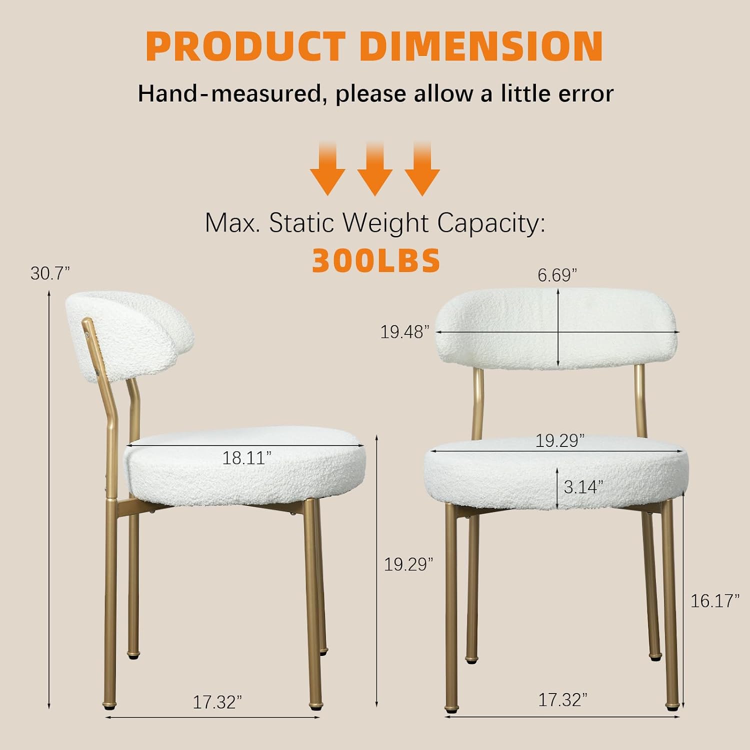 SoarFlash Dining Chairs, Beige Boucle Dining Chairs Set of 6, Kitchen Dining Room Chairs Curved Backrest Upholstered Mid Century Chair with Golden Metal Legs