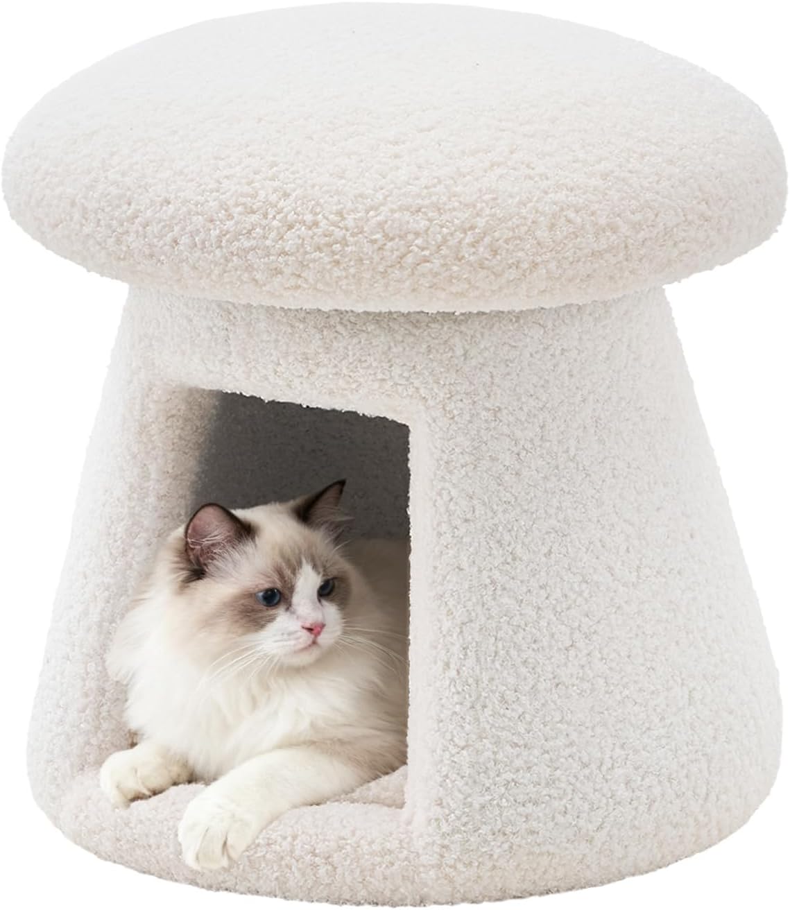 Wimarsbon Mushroom Ottoman, Multifunctional Teddy Velvet Footrest with Wood Frame, Round Vanity Chair with Cozy Hideaway Bed for Small Pets Suitable for Living Room, Bedroom, and Entryway (White)