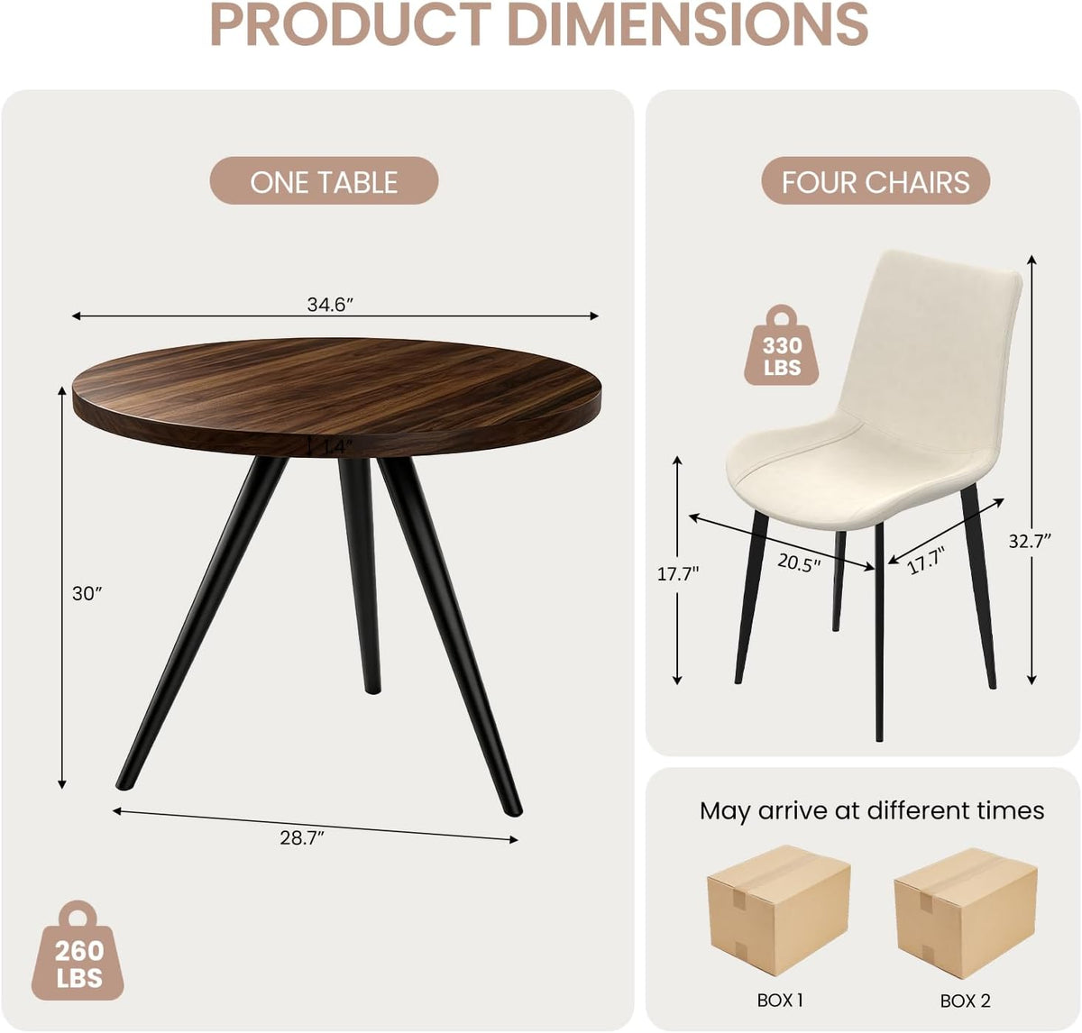 34.6" Round Dining Table Set for 2, Walnut Small Dining Room Set | Space-saving MDF Tabletop, 2 Beige PU Leather Chairs, Great for Modern Kitchen, Coffee, Restaurant, Office, Sturdy & Seamless