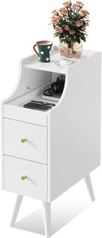 WLIVE Small Nightstand with Drawers, Narrow Bedside Tables with Open Shelf & Cable Hole, Narrow Nightstand for Bedroom, Modern Storage Cabinet for Small Spaces/Living Room, White