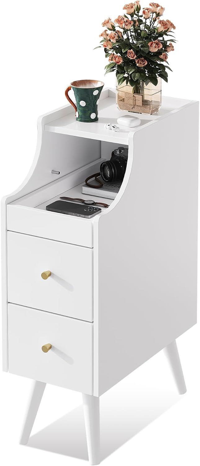WLIVE Small Nightstand with Drawers, Narrow Bedside Tables with Open Shelf & Cable Hole, Narrow Nightstand for Bedroom, Modern Storage Cabinet for Small Spaces/Living Room, White