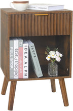 Fultyle Mid Century Modern Nightstand, Wood Bedside Table with Drawer and Open Storage, End Table Living Room Fluted Night Stand with Solid Wood Legs for Bedroom (Rustic Brown)