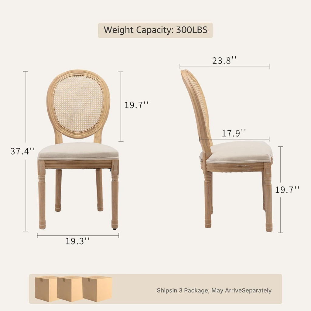 Vintage French Country Dining Chairs Set of 6, Rattan Dinning Chair with a Round Back, Beige Cane Dining Chair, Kitchen and Dining Room Chairs, Sillas para Comedor