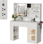 VINGLI Vanity Desk with Sliding Mirror and Lights, Glass Top Makeup Vanity Table w/Glass Cabinets w/Hidden Jewelry Storage & Power Outlets & Hairdryer Holder, 43in White Dressing Table Gifts Girls