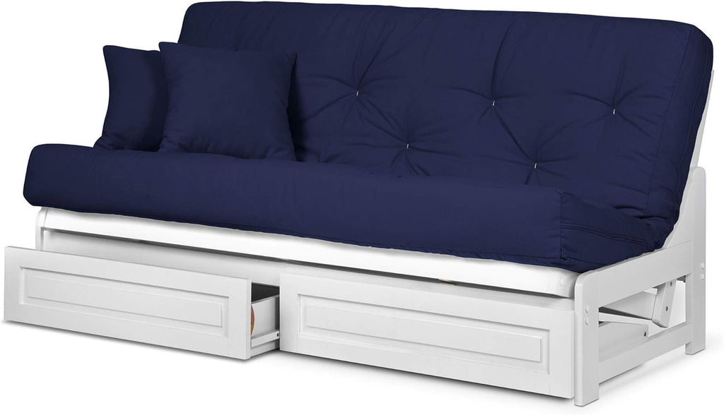 Nirvana Futons Arden White Futon with Storage Drawers Queen Size - Minimalist Armless Design with 8 Inch Comfortable Mattress (Twill Navy Blue), Sofa Bed Available in