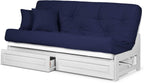 Nirvana Futons Arden White Futon with Storage Drawers Queen Size - Minimalist Armless Design with 8 Inch Comfortable Mattress (Twill Navy Blue), Sofa Bed Available in