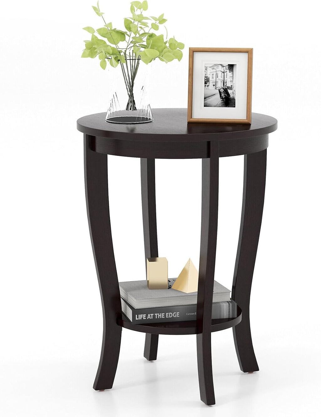 SlickBlue Space-Saving 2-Tier Round End Table with Premium Wood Legs and Floor Protection