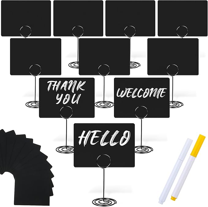 TecUnite 12 Pcs Mini Chalkboard Signs, 4"x3" Small Chalkboard Label with Metal Stand 2 Water Based Chalk for Food Buffet Tabletop Blackboard Sign for Party Bakery(Black,3.4 x 1.6 in)