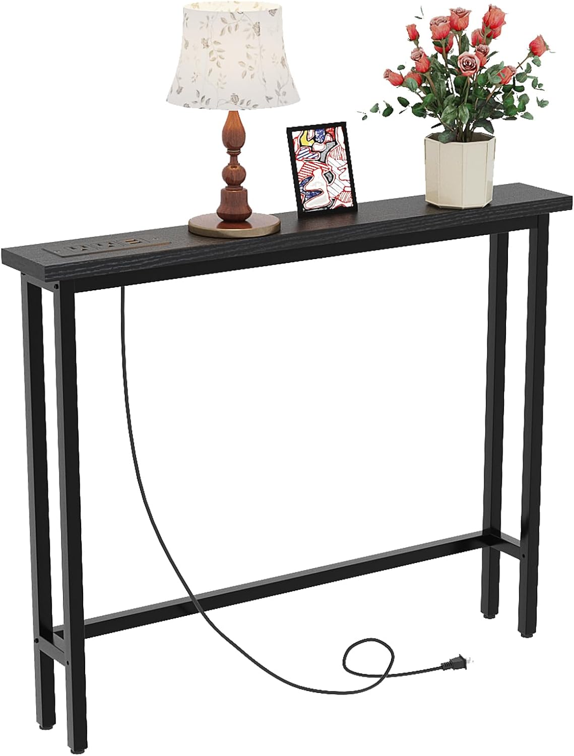 VINGLI 39" Console Table with Charging Station, 5.9" Narrow Sofa Table Behind Couch, Entryway Table with Power Outlet & 4.9 Ft Extension Cord & Adjustable Feet, for Living Room, Hallway, Black