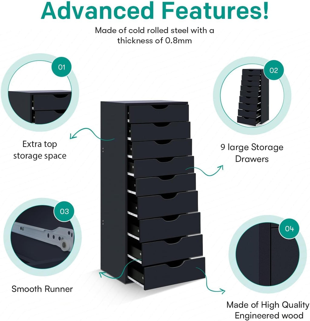 Naomi Home Bianca 9-Drawer Vertical Office File Cabinet - Gray | 9 Spacious Drawers • Tall Vertical Design • Smooth Drawer Operation • Spacious Top Surface • Office Organization