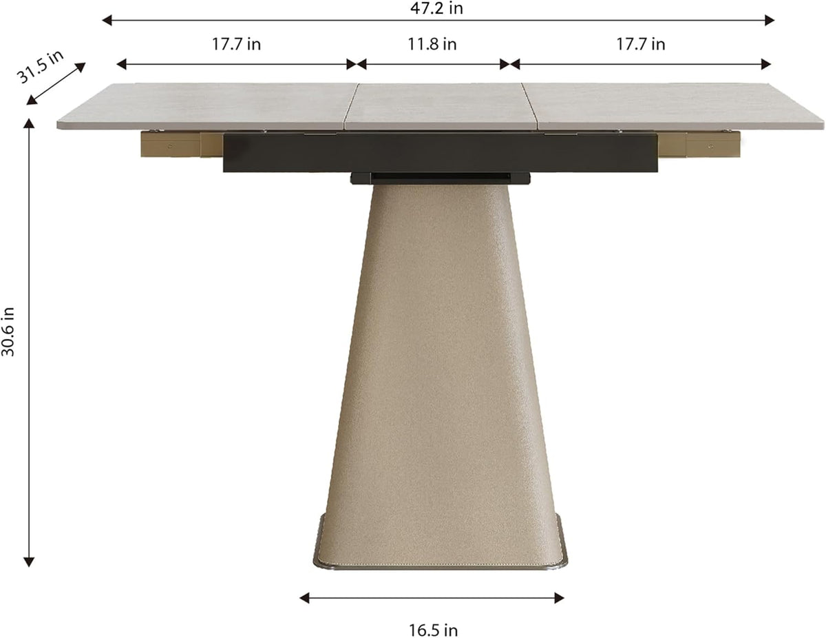 47.2" Retractable Rock Slab Folding Dining Table, Modern Expandable Kitchen Table with Leather-Wrapped Stainless Steel Base, Space Saving Square Dining Table for Small Apartments