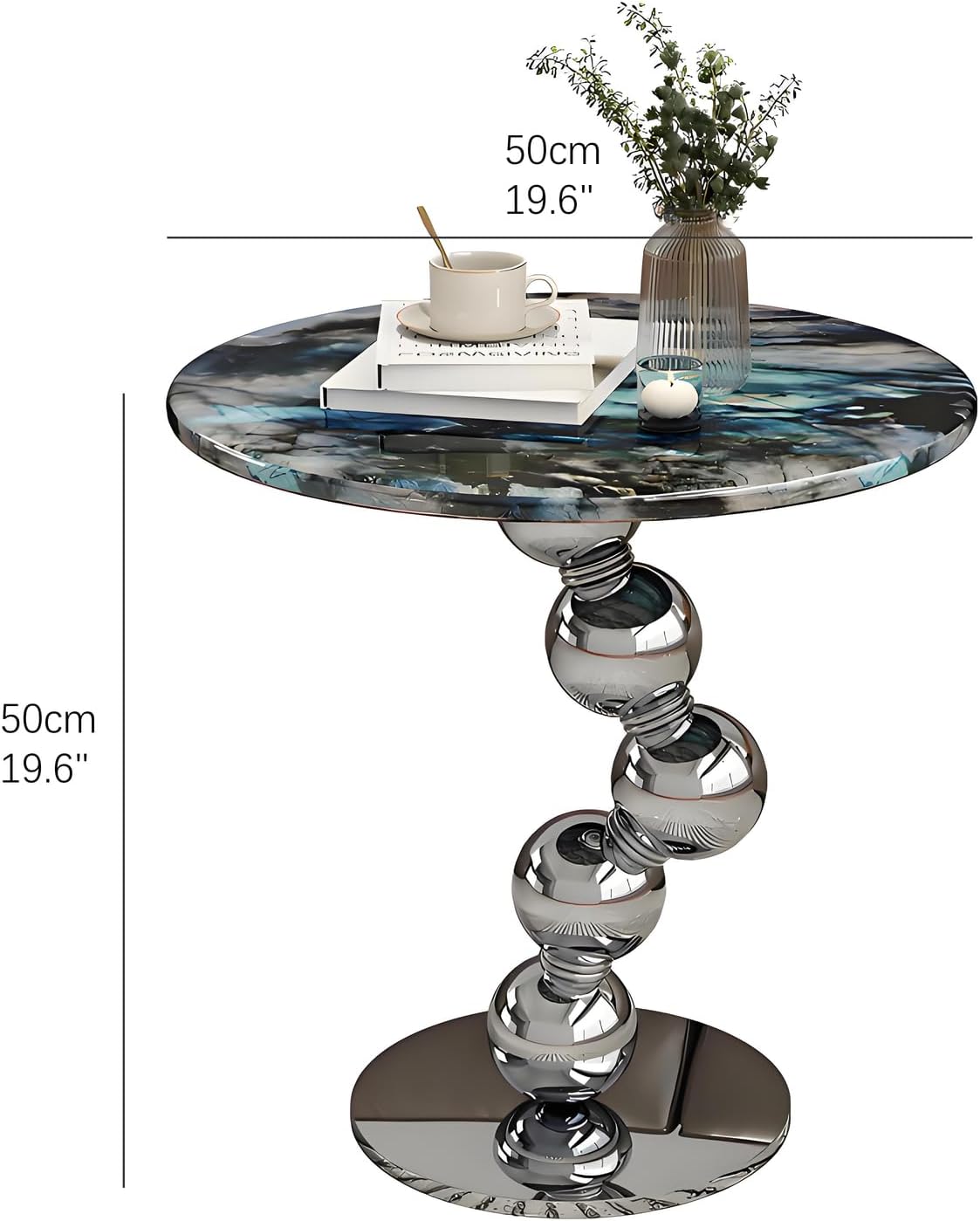 Stylish Round Side Table, Modern Faux Marble Coffee Table, Decorative Small End Table for Sofa, Living Room or Bedroom, Blue