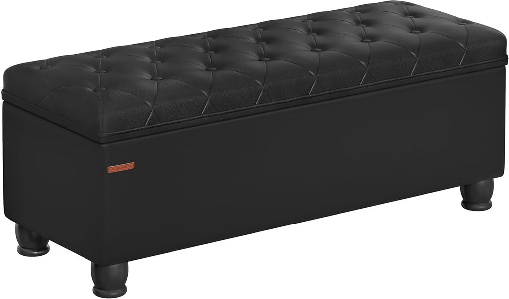 SONGMICS Storage Ottoman, 46.5 Inches Long Bed End Stool, Solid Wood Legs | Buttons Decoration, Non-Slip Foot Pads, 330.7 lb Load Capacity, Ink Black, MACEO Collection ULOM071B01