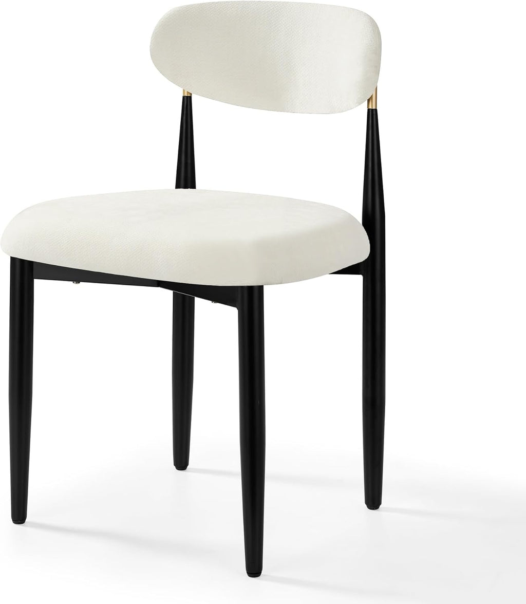 Morden Fort White Set of 2 Armless Upholstered Chenille Dining Chairs with Black Metal Legs and Gold Accent Back
