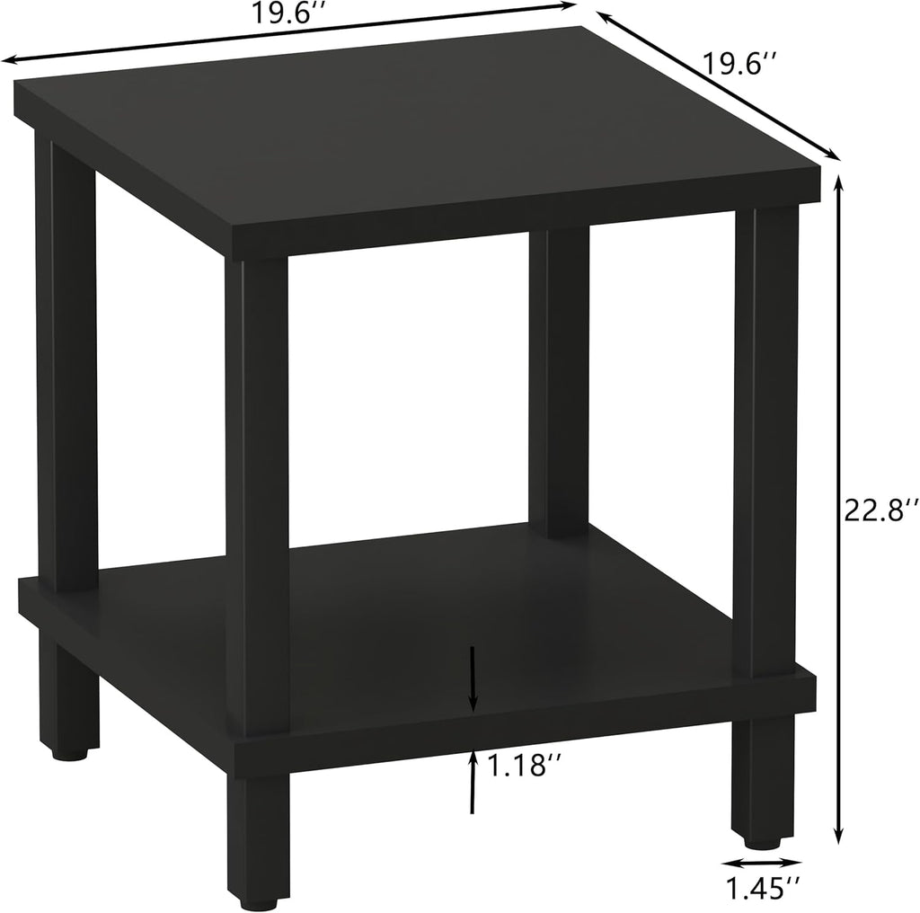 MMEOLUOOK Large End Table Square Side Table Modern Sofa Table 20 Inch Industrial Coffee Table NightStand with 2-Tier Storage Shelf for Living Room Bedroom Black MLBZ06B
