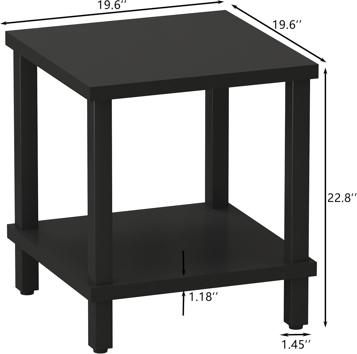 MMEOLUOOK Large End Table Square Side Table Modern Sofa Table 20 Inch Industrial Coffee Table NightStand with 2-Tier Storage Shelf for Living Room Bedroom Black MLBZ06B