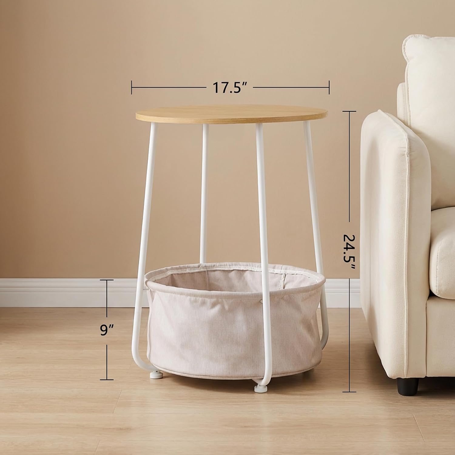 Modern Round Side End Table with Fabric Storage Basket, Matte White and Camel Brown, Contemporary Nightstand (Burlywood)