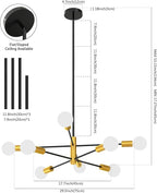 Sputnik Ceiling Light Fixture Chandelier, 8-Light Dining Room Light Over Table Height Adjustable Mid Century Hanging Light Fixture E26 Pendant for Bedroom Kitchen Livingroom 53InchH Gold+Black