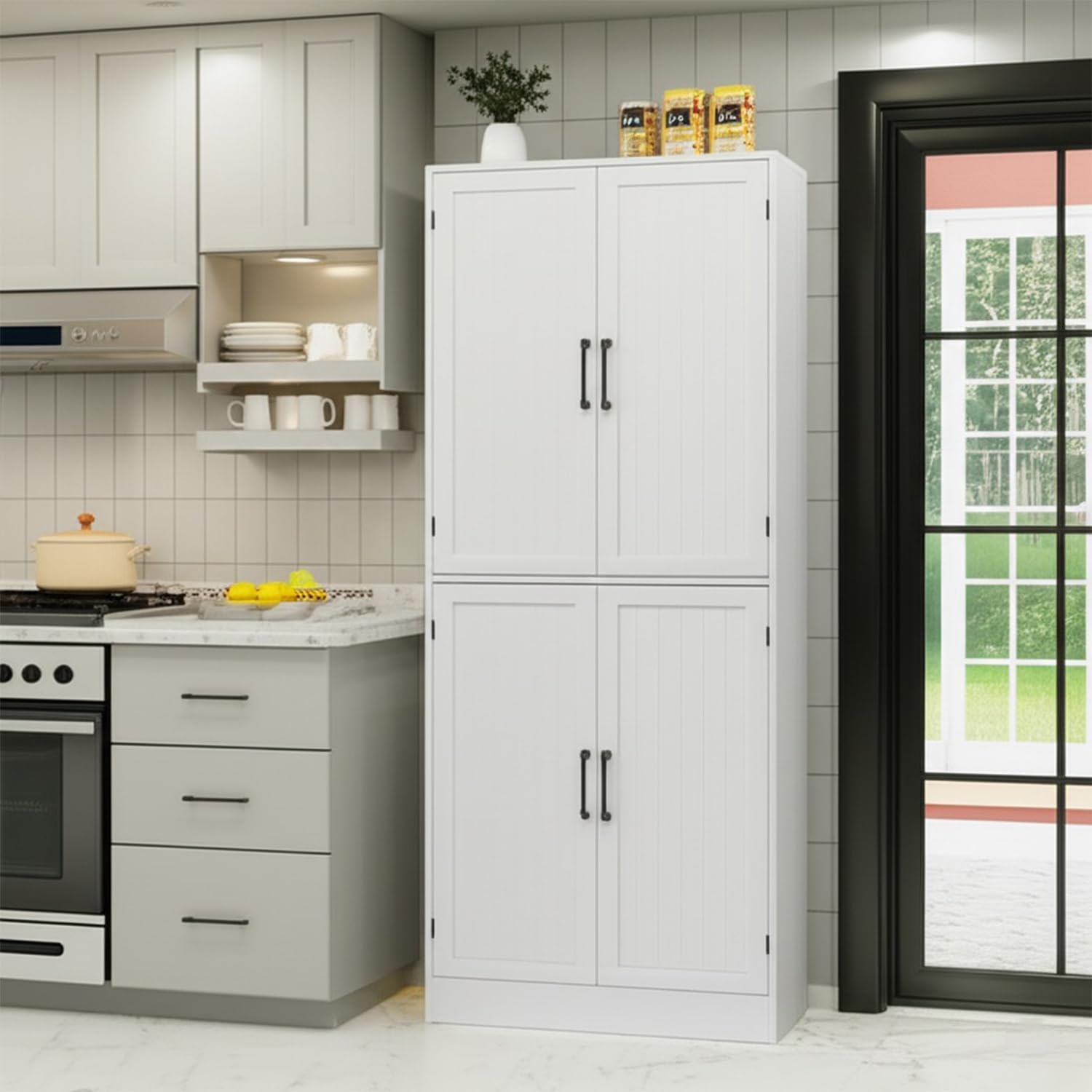MHOM 71" Tall White Pantry Cabinet, Farmhouse Storage Cabinet with 4 Doors and Adjustable Shelves, Freestanding Pantry for Dining Room, Kitchen, and Living Room