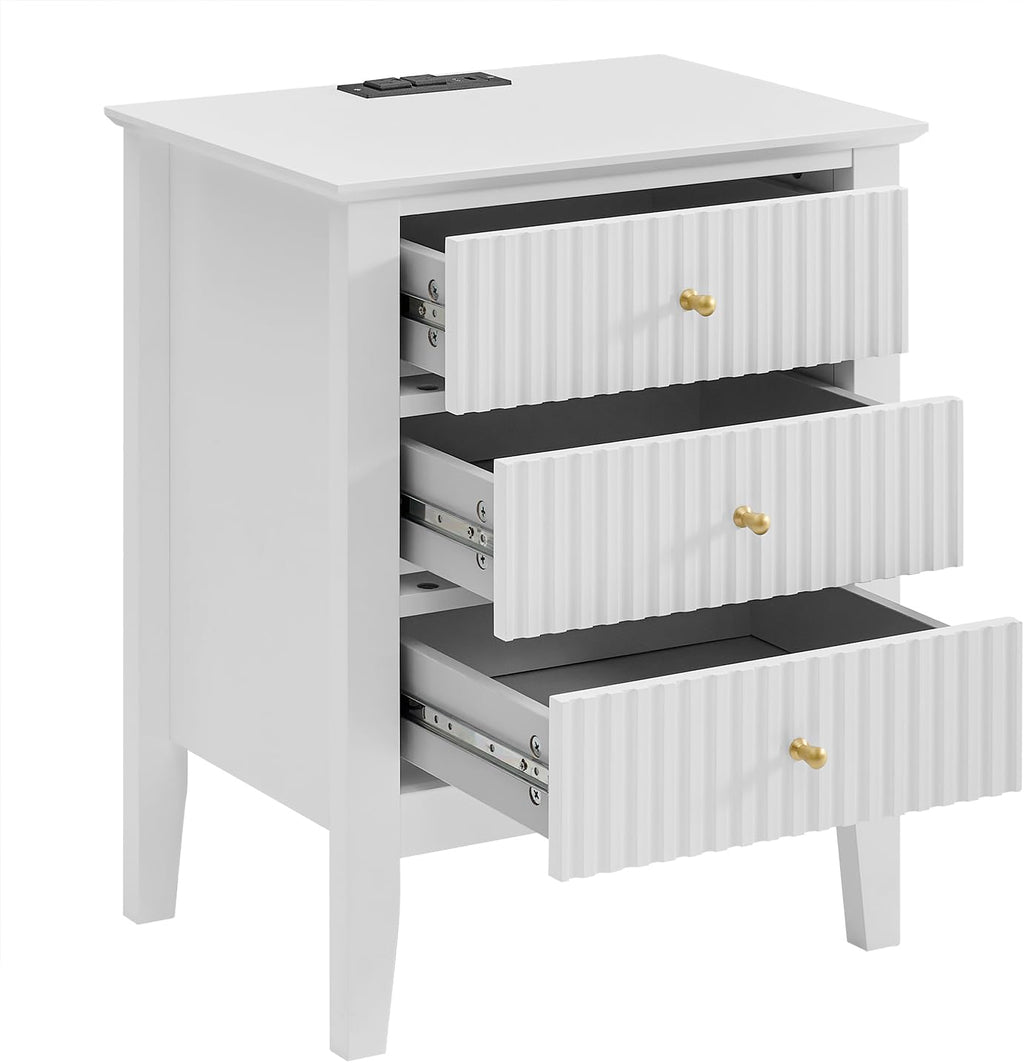 OCANDO White Bed Side Table with 3 Drawers 19" W, Bedroom Nightstand 24" H,Vintage Modern Night Stand with USB Ports,Living Room Fluted End Bedside Tables