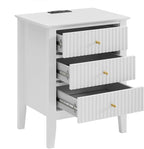 OCANDO White Bed Side Table with 3 Drawers 19" W, Bedroom Nightstand 24" H,Vintage Modern Night Stand with USB Ports,Living Room Fluted End Bedside Tables