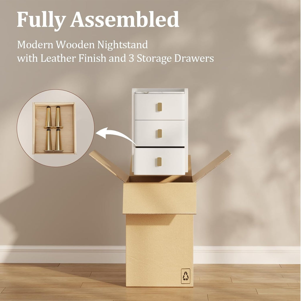 AQIMUELE Narrow Nightstand with Drawers, Narrow Side Table Leather, Small Bedside Tables for Bedroom. (White)