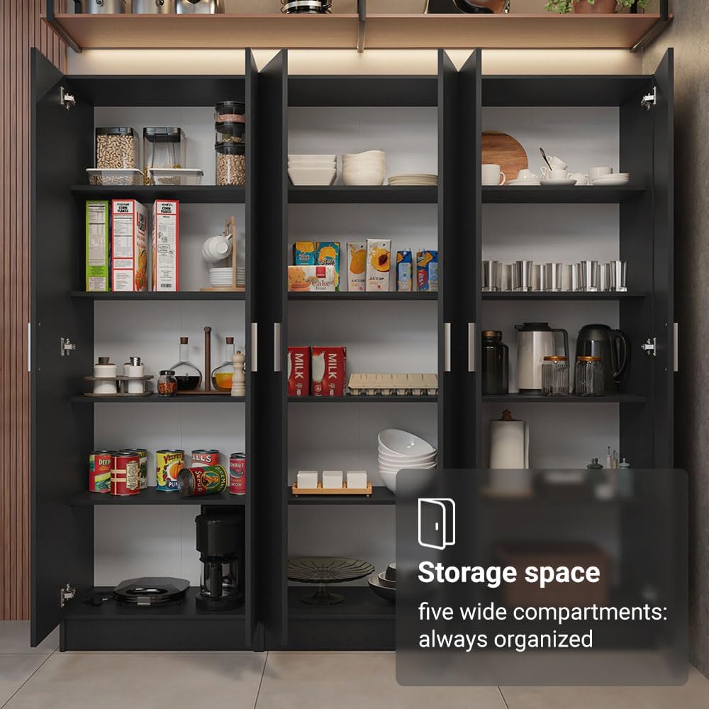 Madesa Kitchen Set 3 Pantry Storage Cabinet with 15 Utility Shelves 71'L Wooden Organization Unit for Kitchen - Black