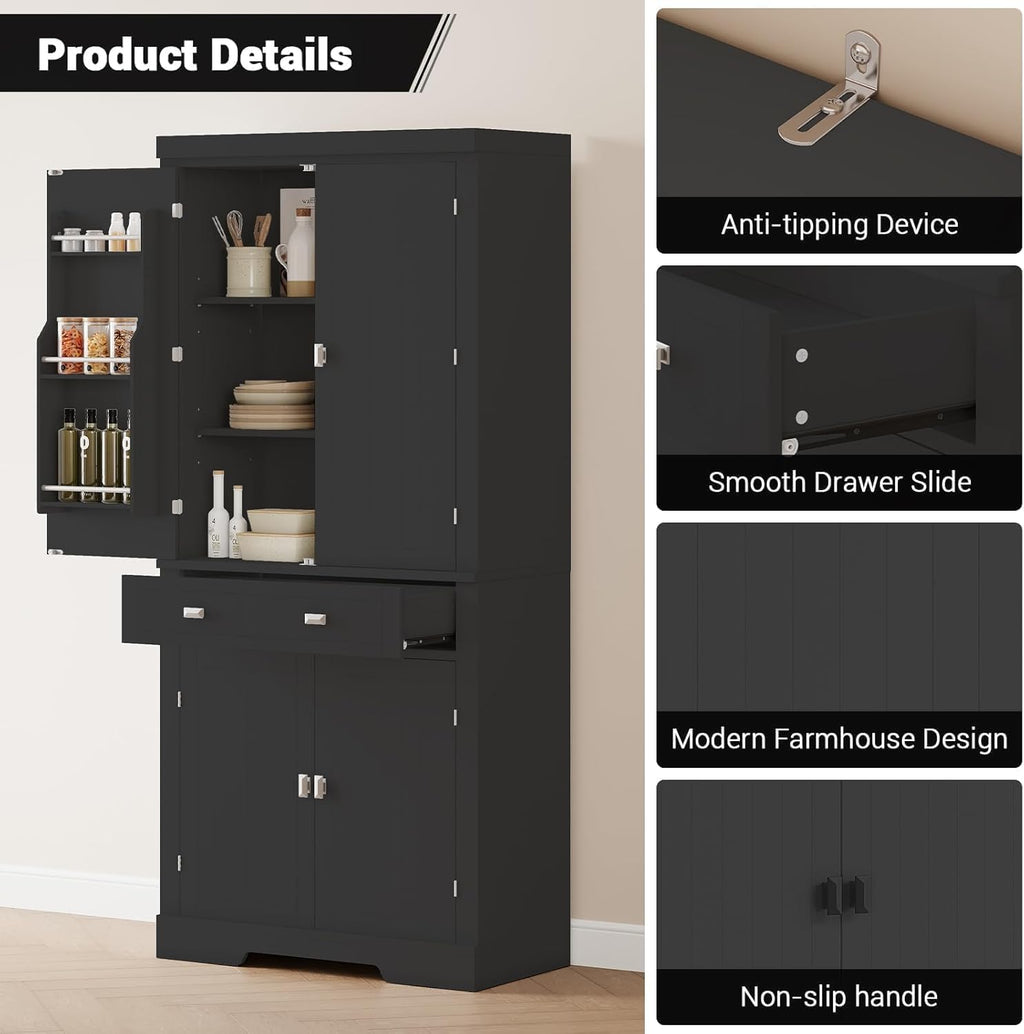 71.7 Inch Kitchen Pantry Cabinet,Freestanding High Cupboard Bathroom Storage Cabinet with 2 Drawer & Cabinets, 3 Adjustable Shelves, 6 Door Shelves,for Living Room, Kitchen Black