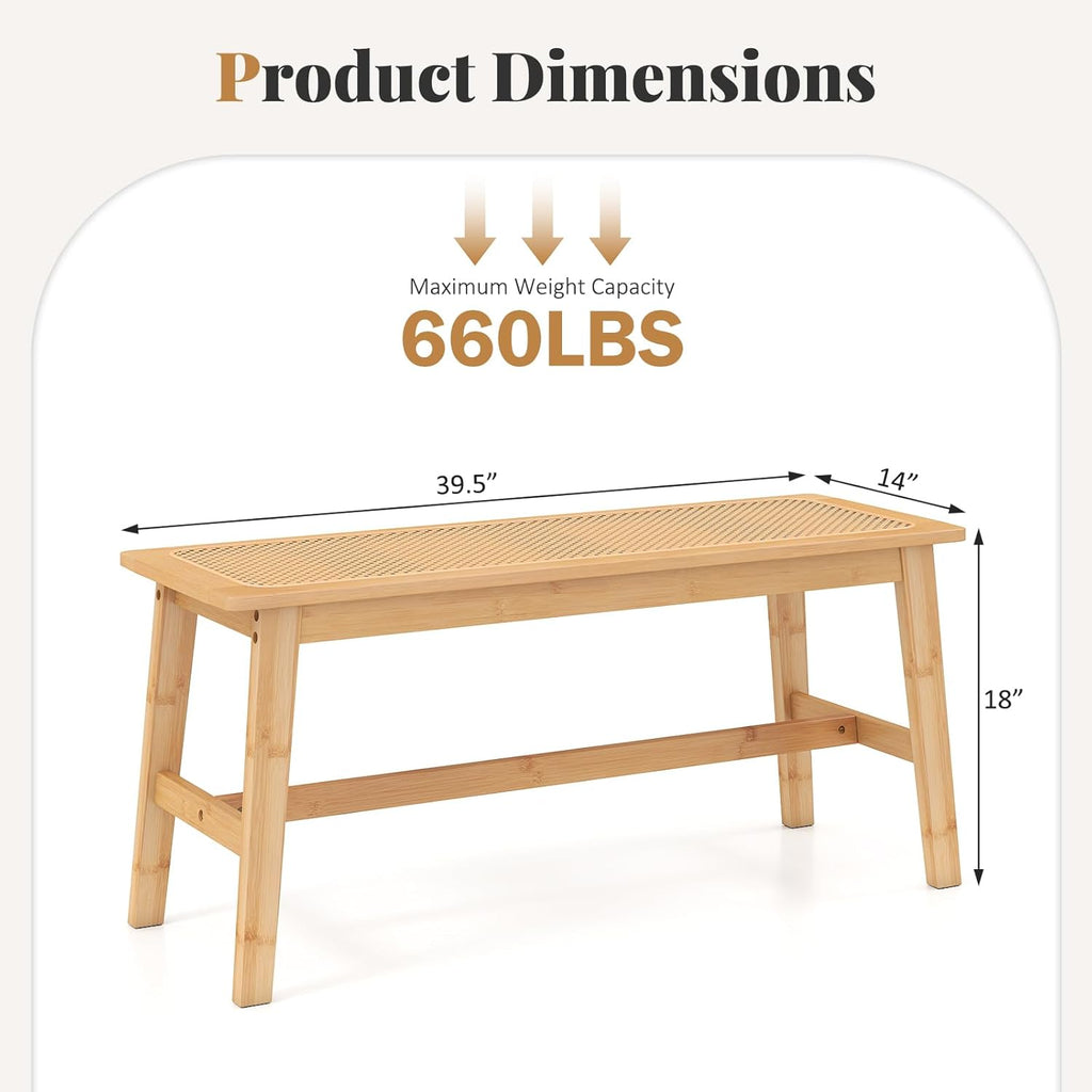 Giantex 39.5" Bamboo Dining Bench with Handwoven Rattan Seat, 600lbs Capacity, Shoe Ottoman, Kitchen Table Bench for Indoor Outdoor, Bedroom, Bathroom, Front Door, End of Bed, Entryway (Natural)
