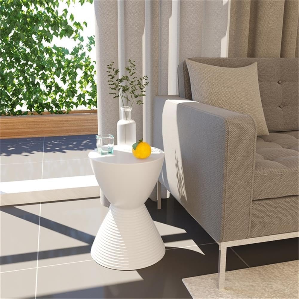 Pemberly Row Contemporary Round Plastic End Table, White Finish, 11.75 in x 16.75 in, Hourglass Shape with Ribbed Bottom Design, Hidden Storage, Lightweight Compact Indoor Outdoor Side Table