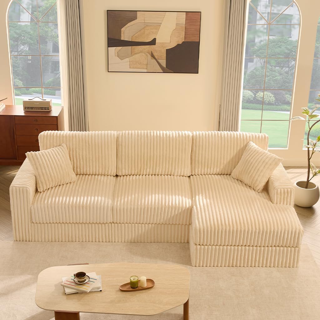 GOSUHI 113" L-Shaped Cloud Couch, Modular Sectional, Deep Seats, White | Pocket Spring Cushions, Oversized 3-Seater, Right Facing Chaise, Corduroy Upholstery Couches for Living Room