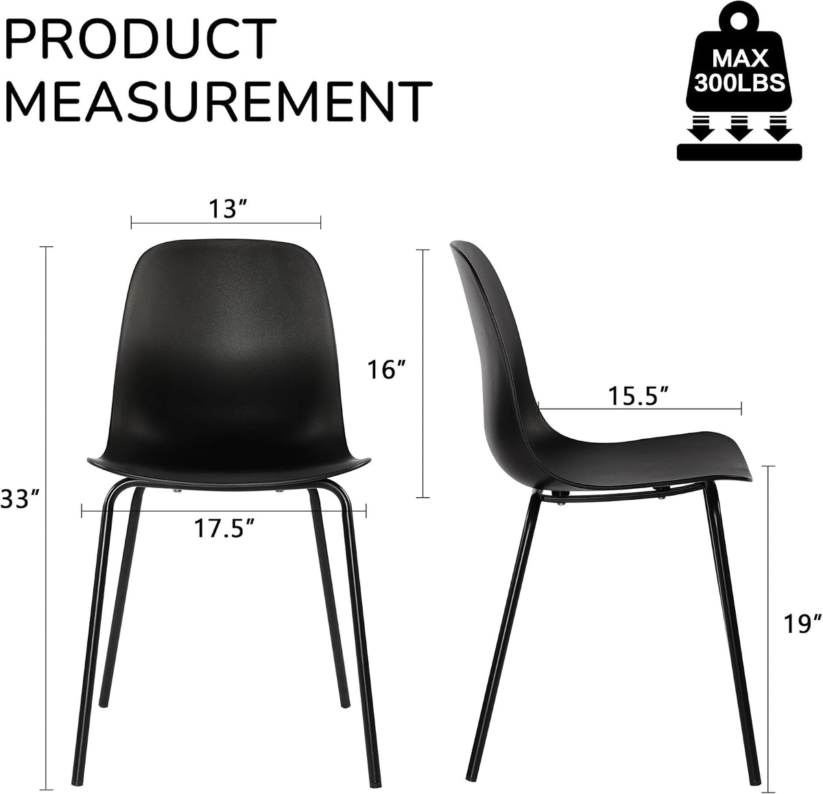 LSSBOUGHT Modern Dining Chairs Set of 4, Mid-Century Plastic Kitchen Chairs with Metal Legs, Comfortable Armless Side Chairs for Dining Room, Kitchen, Living Room & Small Spaces (Black)