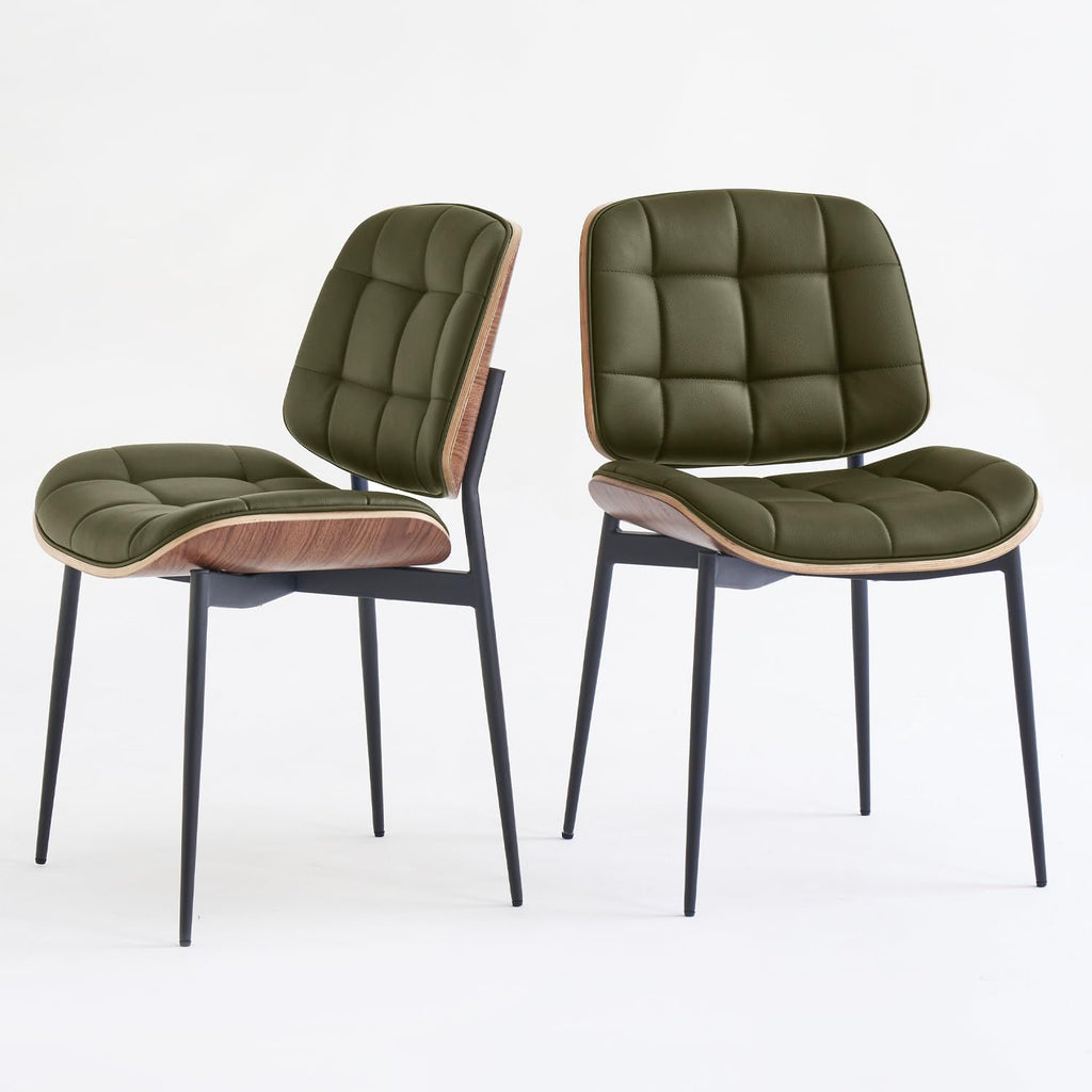 GrandNoor Mid Century Modern Dining Chairs with Walnut Grain Back, Green Faux Leather Dining Room Chairs Set of 4, Checkered Soft Cushion Kitchen Chairs with Adjustable Foot Pads