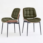 GrandNoor Mid Century Modern Dining Chairs with Walnut Grain Back, Green Faux Leather Dining Room Chairs Set of 4, Checkered Soft Cushion Kitchen Chairs with Adjustable Foot Pads