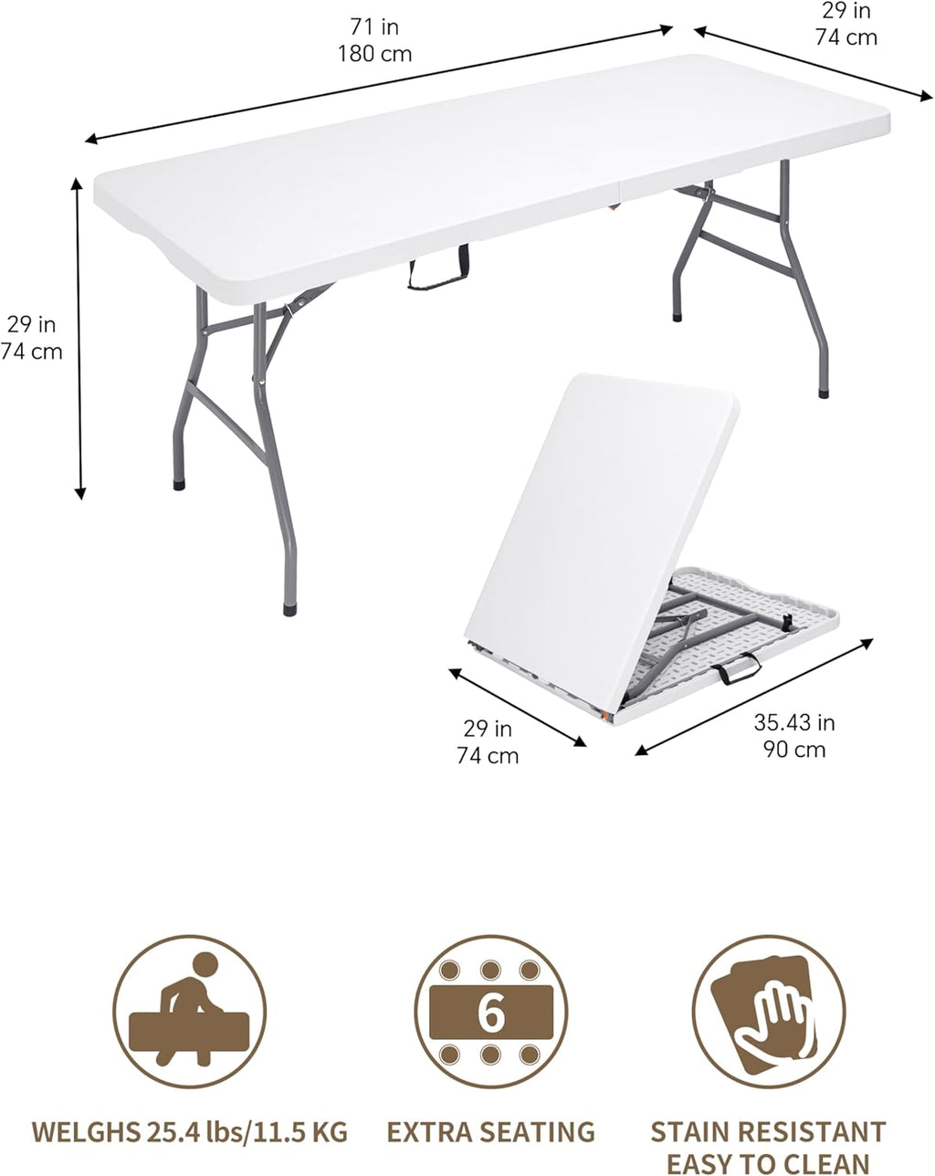 6Ft Folding Table, Heavy Duty Fold-in-Half Portable Plastic White | HDPE portable table indoor outdoor. Camp table, picnic table, party use. Lightweight holds 350 lbs. Easy fold side table