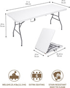 6Ft Folding Table, Heavy Duty Fold-in-Half Portable Plastic White | HDPE portable table indoor outdoor. Camp table, picnic table, party use. Lightweight holds 350 lbs. Easy fold side table