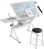 Drafting Table with Stool, Height Adjustable Art Desk with Tilting Tempered Glass Tabletop, Expansion Board, and Multi-Storage, Drawing Table for Studio, Artists, Home Office, Painters, White