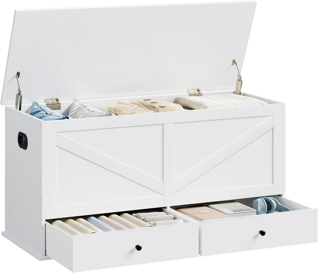 VASAGLE Storage Chest with 2 Fabric Drawers, 15.7 x 39.4 x 19.9 Inches | Storage Bench, Farmhouse Style, Cloud White, HAINS Collection ULSB043W01