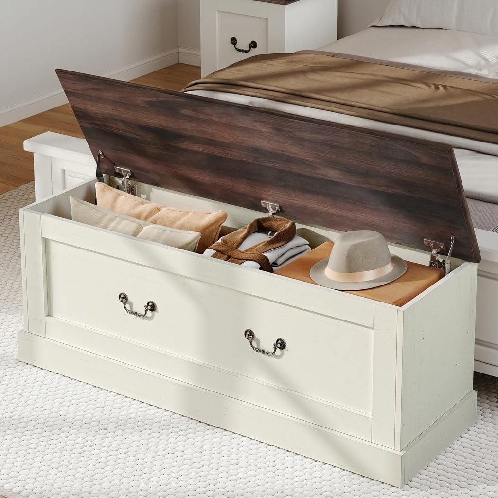 Storage Chest, 47.2" Storage Bench with 3 Safety Hinges, Entryway Bench with Lift Top, Farmhouse Style, Wooden Chest Organizer for Entryway Living Room Hallway, Off White