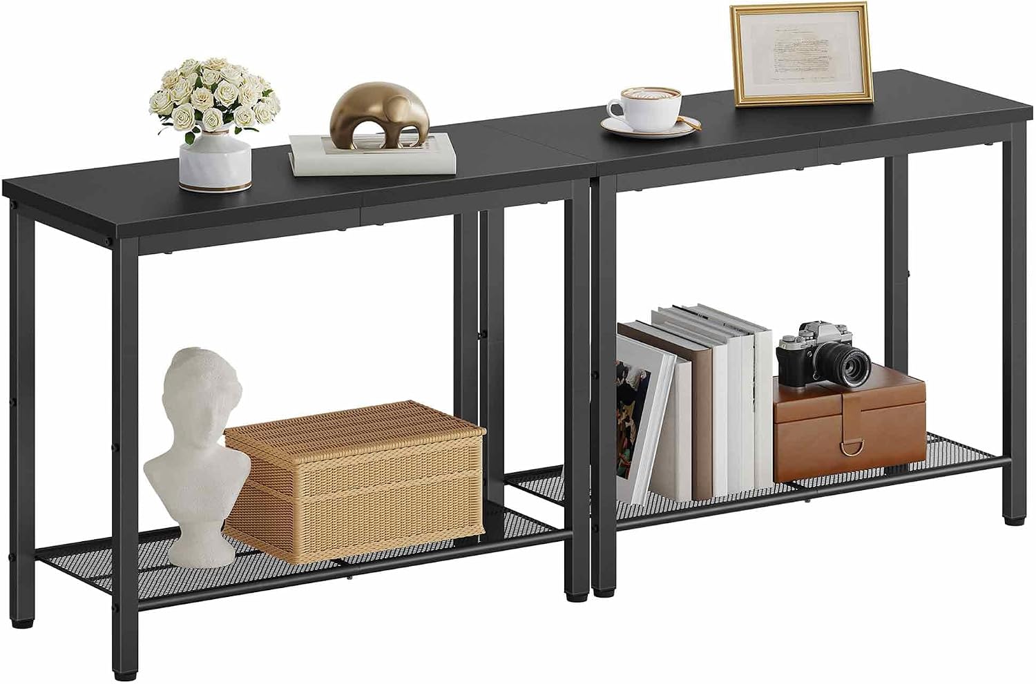 Hoctieon 2 Tier End Table, Sofa Side Table, Narrow Side Shelf with Storage, Slim Nightstand for Small Spaces, Metal Frame, for Living Room, Bedroom, Sofa Couch, Hall, Black, 2 Set