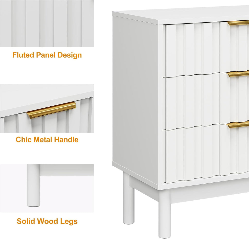 RoyalCraft 3 Drawer Nightstand, Modern Fluted Chest of Drawers, Wooden Storage Night Stand Side Table with Chic Edge Pull, Perfect for Bedroom, Living Room, Entryway, White