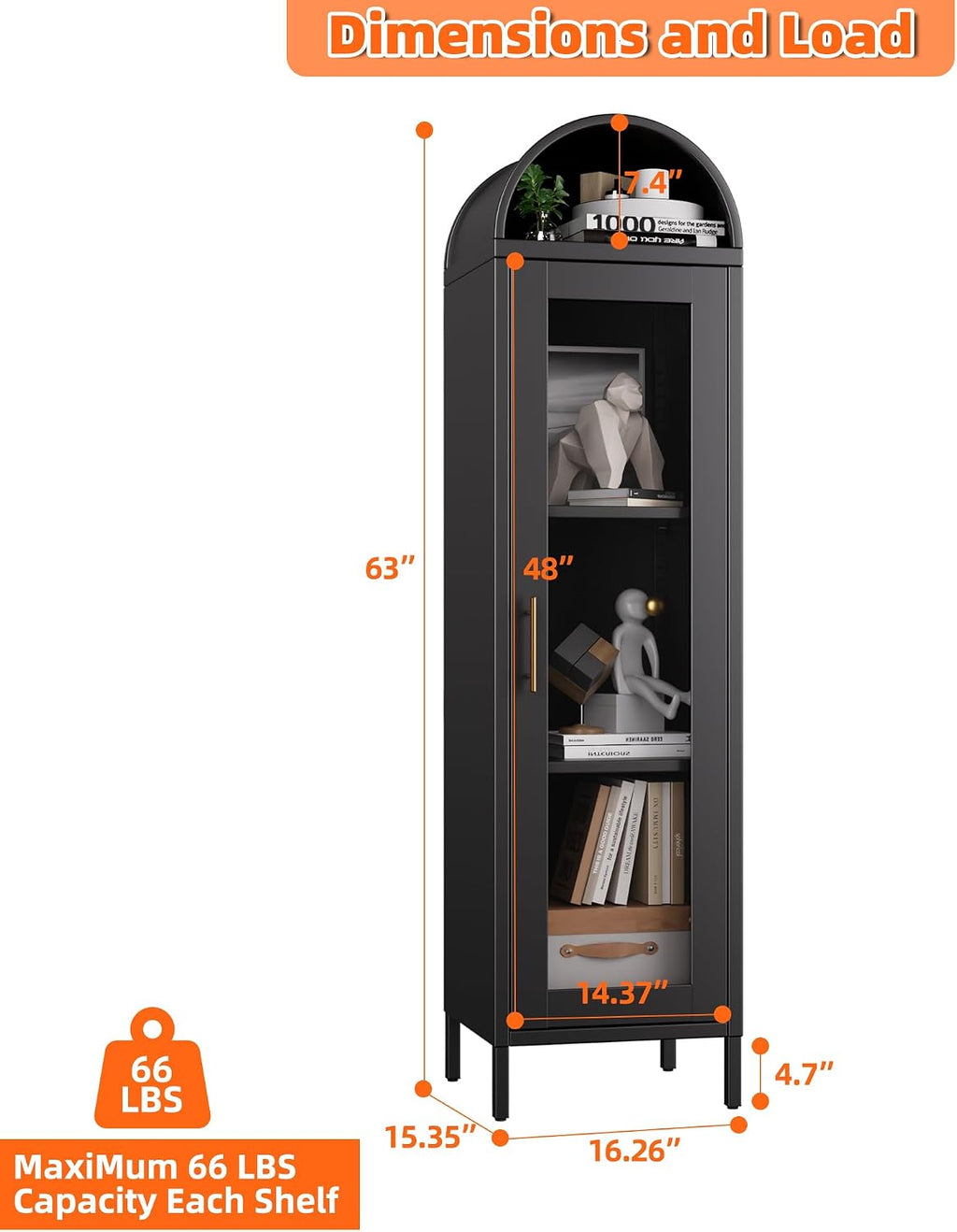 63" H Metal Arched Display Cabinet with 2 Adjustable Shelves, Arch Bookcase with 1 Glass Door for Dining Room, Living Room, Office, Bathroom, Assembly Required (Black)