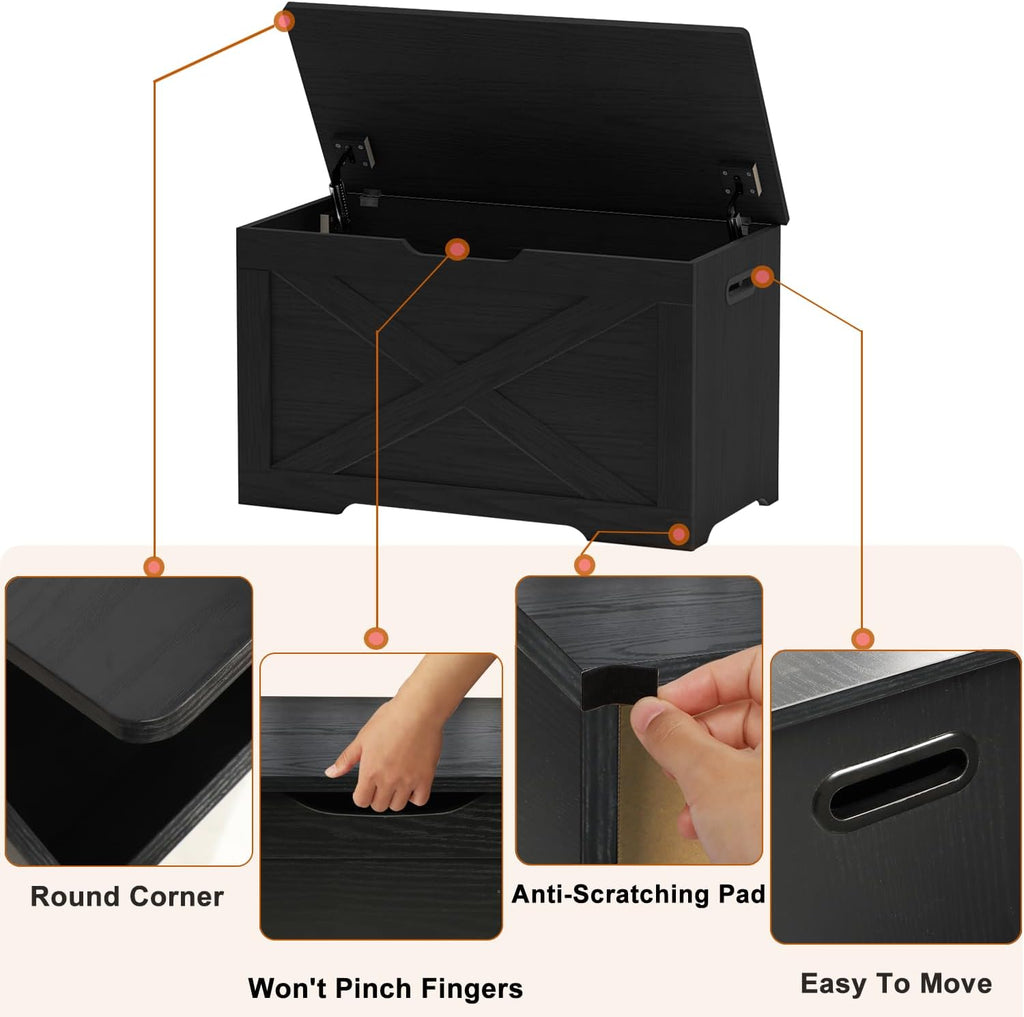 Timberer Storage Chest, Wooden Storage Bench, Entryway Shoes Bench with 2 Safety Hinges, for Living Room, Bedroom, 15.7 x 31.5 x 18.9 Inches, Black